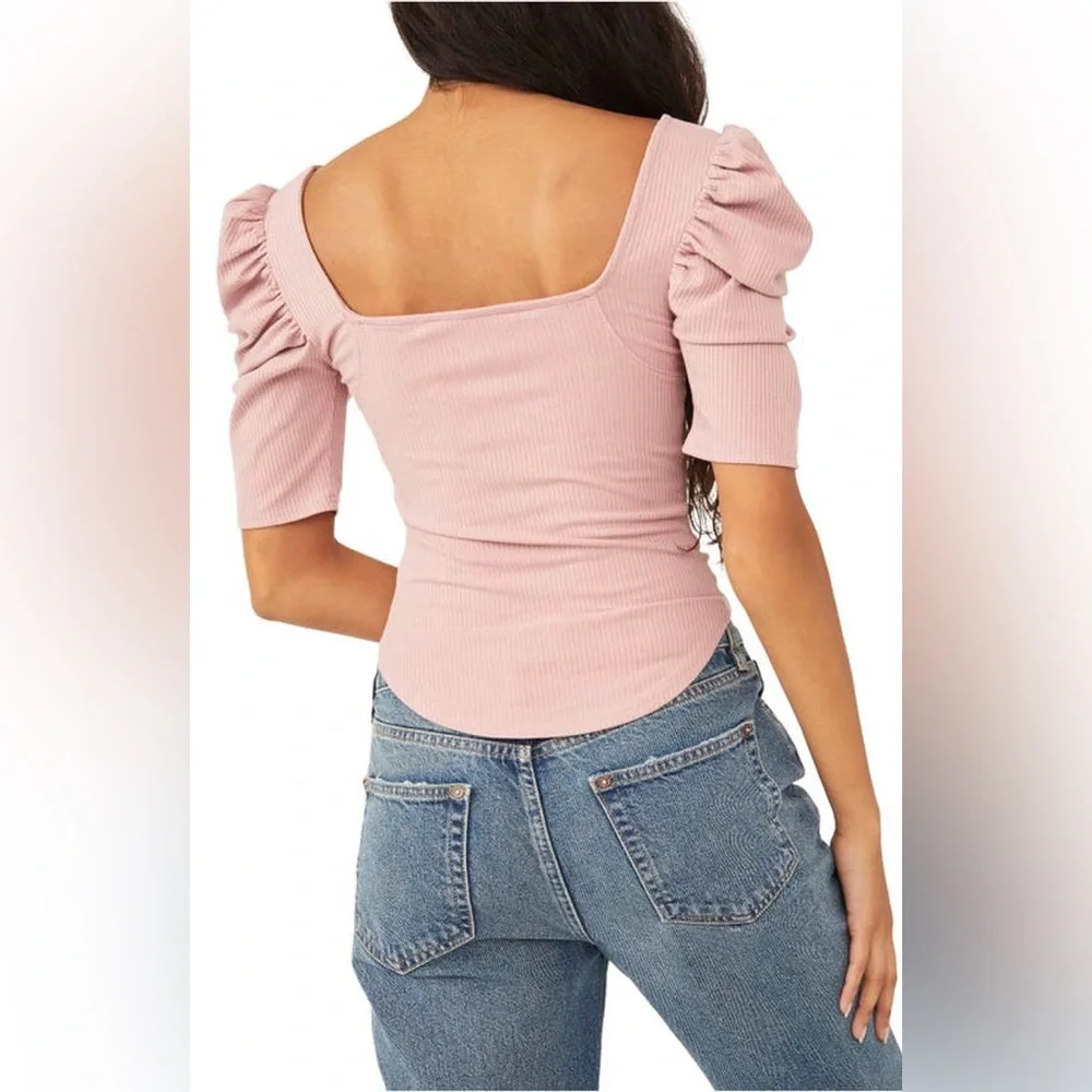 Free People Mauve Pink Ribbed Square Neck Puff Sleeve Top